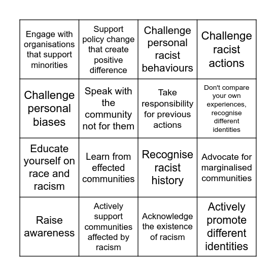 Anti-racism Bingo Card