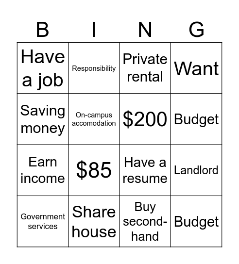 Towards Independence Bingo Card