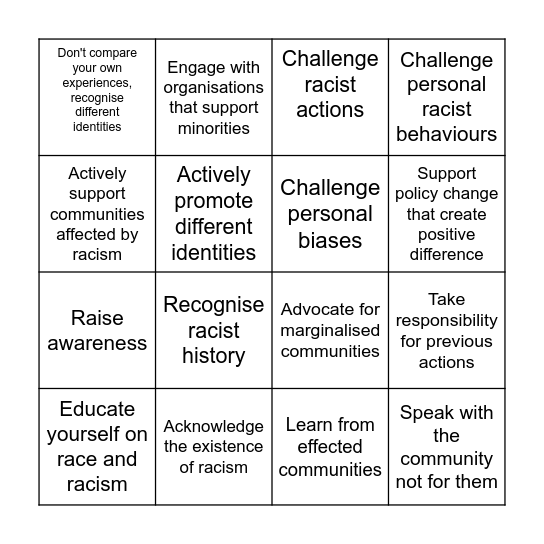 Anti-racism Bingo Card