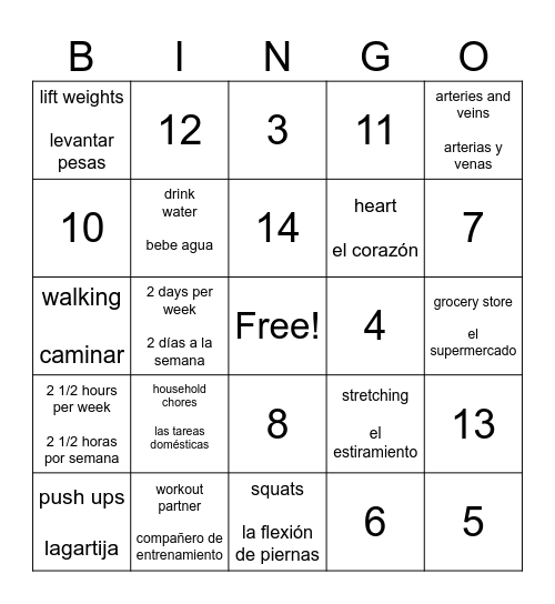 Exercise Bingo Card