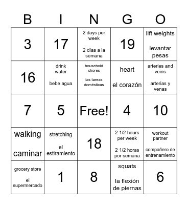 Exercise Bingo Card