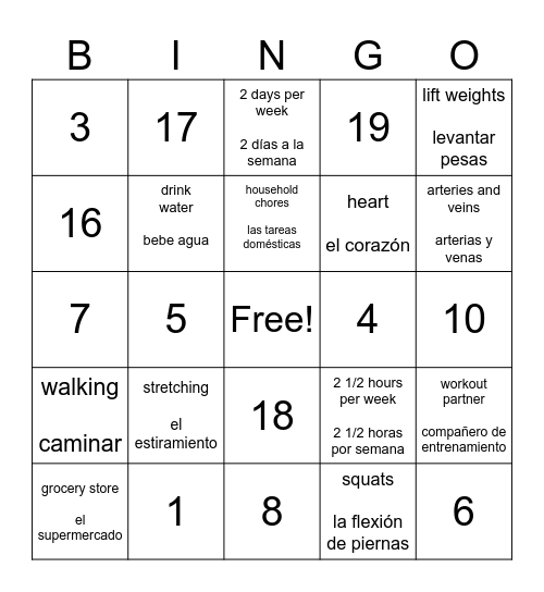 Exercise Bingo Card