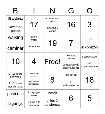 Exercise Bingo Card