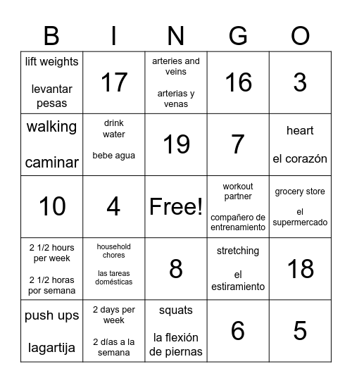 Exercise Bingo Card