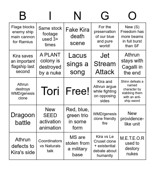 Gundam Seed Bingo Card