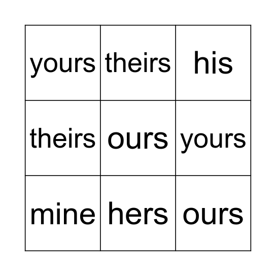 Possessive Pronoun Bingo Card