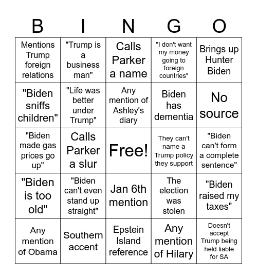 PARKER DEBATES Bingo Card