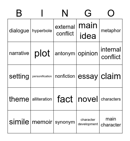 ELA Terms Bingo Card