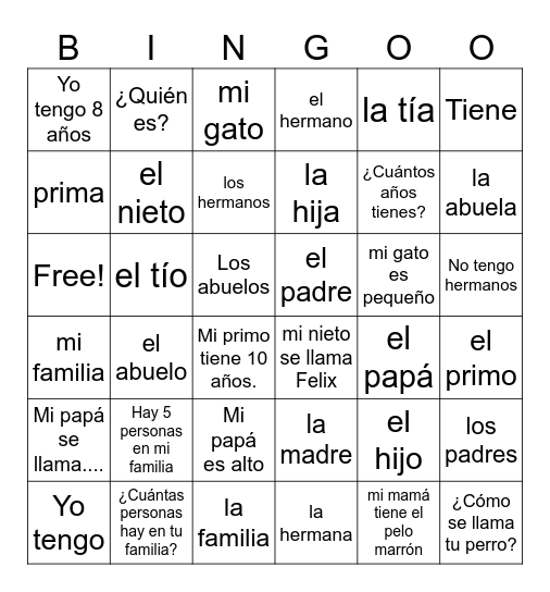 La familia Bingo Card