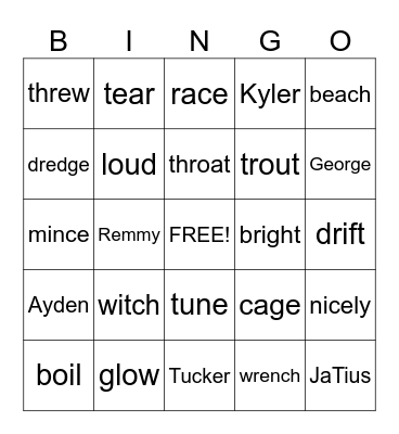Group 6 Spelling Words Bingo Card