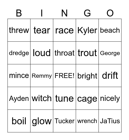 Group 6 Spelling Words Bingo Card