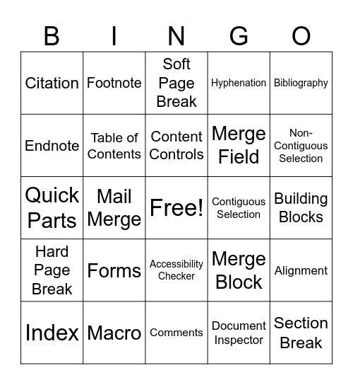 Microsoft Word Vocabulary Set 4 Bingo Card