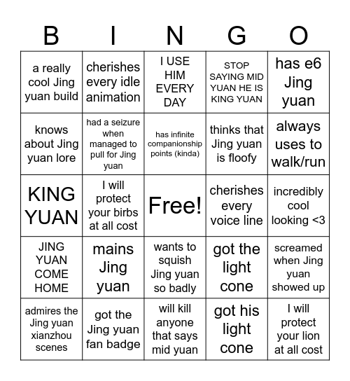 ARE YOU A TRUE JING YUAN SIMP?!??!?! Bingo Card