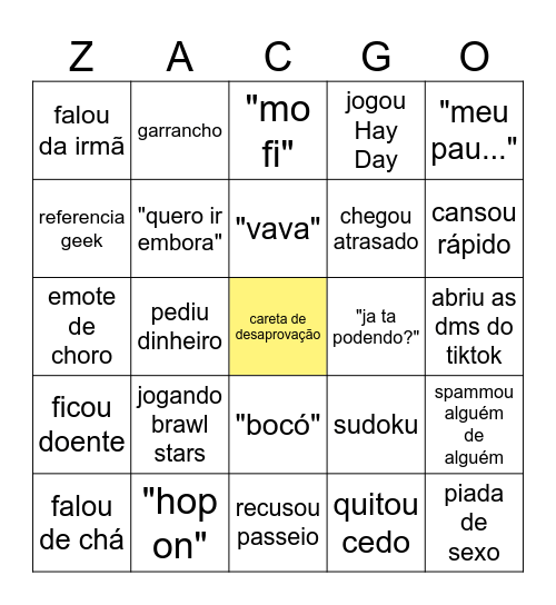 bingo do zac Bingo Card
