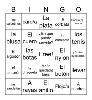 La Ropa Bingo Card