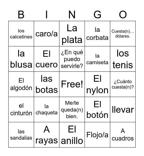 La Ropa Bingo Card