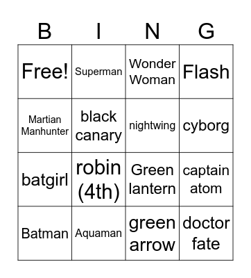 Justice League Bingo Card