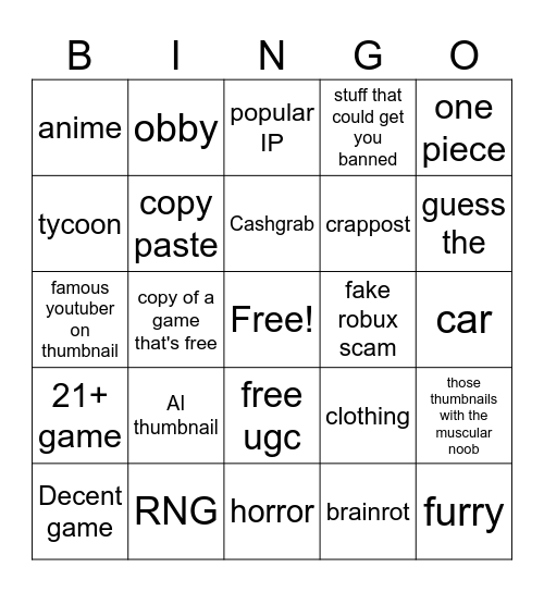 roblox Bingo Card