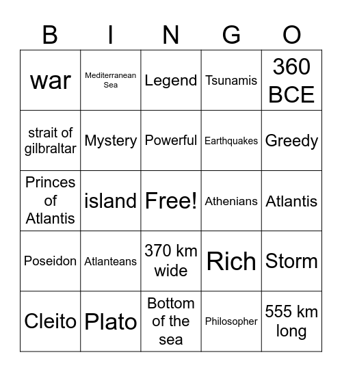 The Lost City of Atlantis Bingo Card