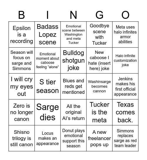 Red Vs Blue Bingo Card