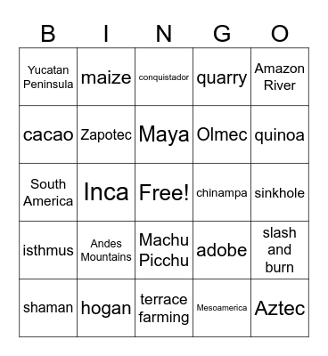 Civilizations of The Americas Bingo Card