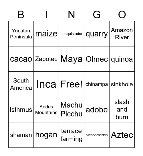 Civilizations of The Americas Bingo Card