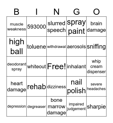 INHALANTS Bingo Card