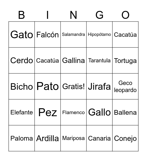 Animales Bingo Card