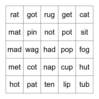 CVC Words Bingo Card