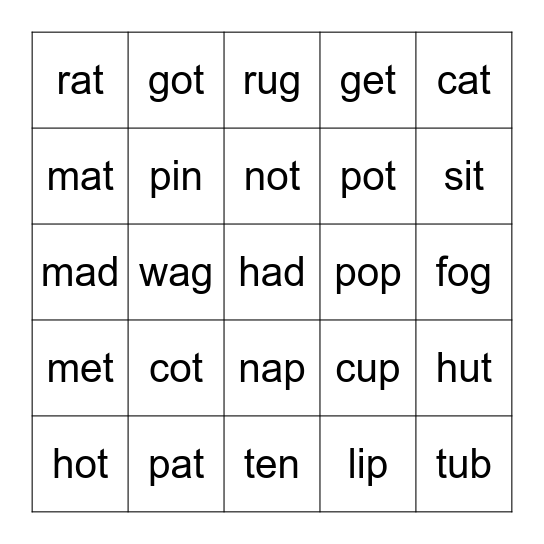 CVC Words Bingo Card