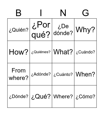 Spanish Question Words Bingo Card