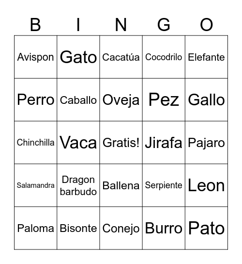 Animales Bingo Card