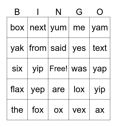 X and Y Bingo Card