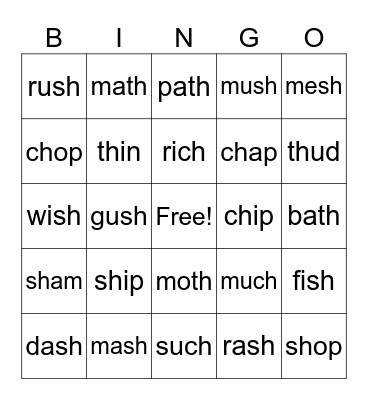 Digraph Review- CH, TH, SH Bingo Card
