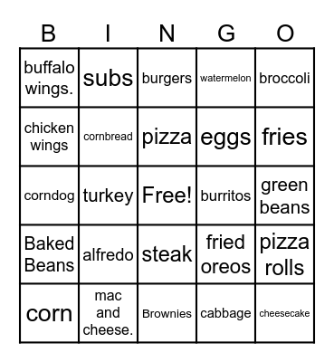 Popular food Bingo Card