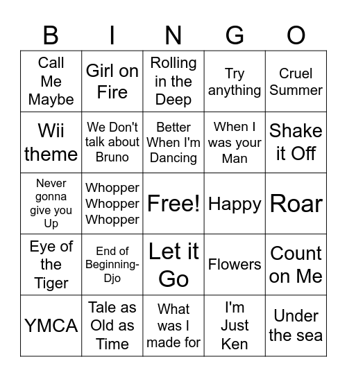 Pop Songs Bingo Card