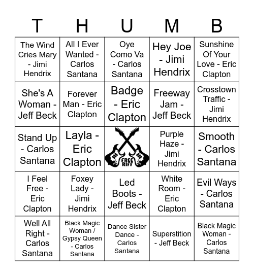 Four Guitar Gods Bingo Card