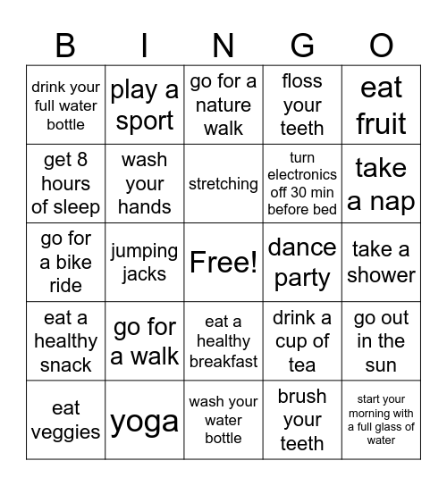 Self Care - Physical Bingo Card