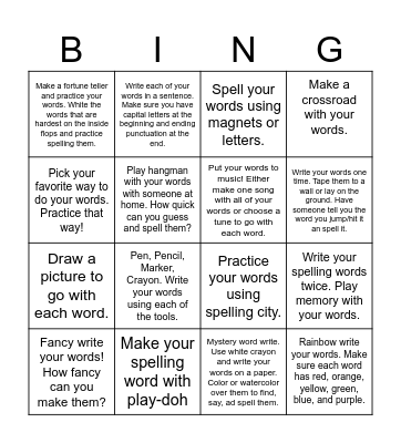SPELLING HOMEWORK BOARD Bingo Card