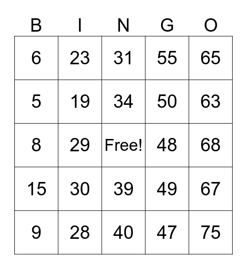 Number Bingo 1-75 (Wagner) Bingo Card