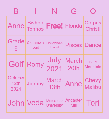 Victorias Bridal Shower Bingo Card