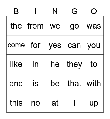 Kindergarten Sight Words Bingo Card