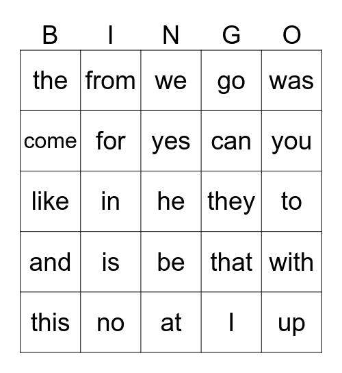 Kindergarten Sight Words Bingo Card