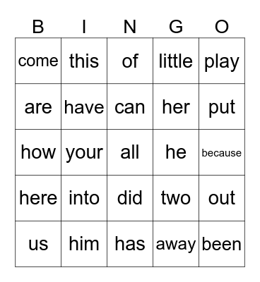 First Grade Sight Words Bingo Card