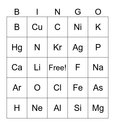 Periodic Table Bingo Card