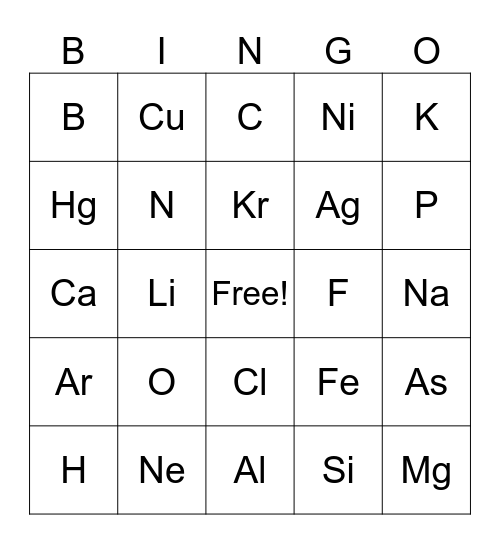 Periodic Table Bingo Card