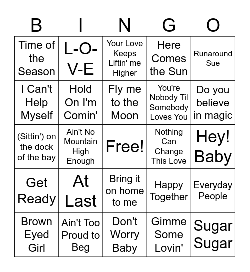 Music Bingo 1960s Bingo Card