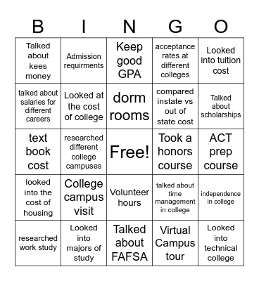 College readyness Bingo Card