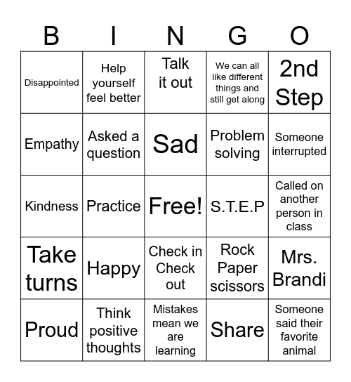 2nd Step Bingo Card