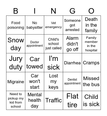 No Work Today! Bingo Card